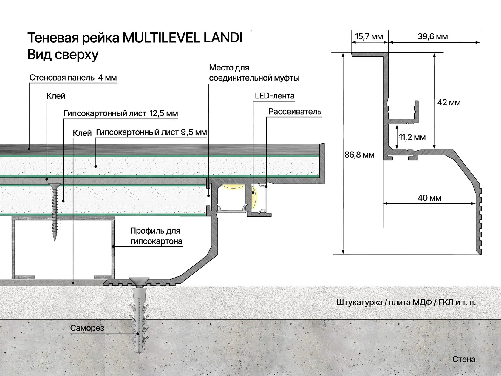 ТЕНЕВАЯ РЕЙКА LACONISTIQ Мультилевел МАКС (Multilevel MAX) ПОД ПОДСВЕТКУ